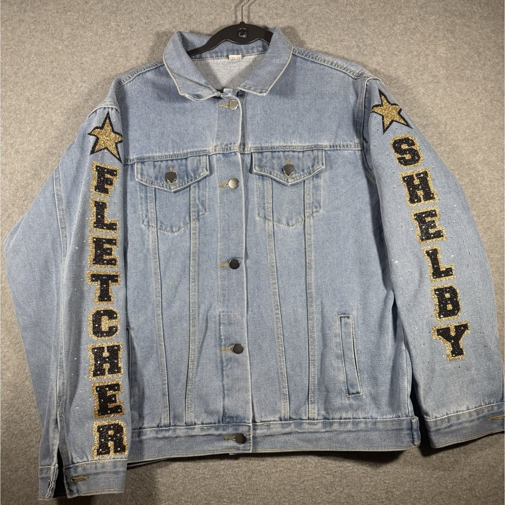 Custom Denim Jacket Blue Rhinestone Lettering Medium